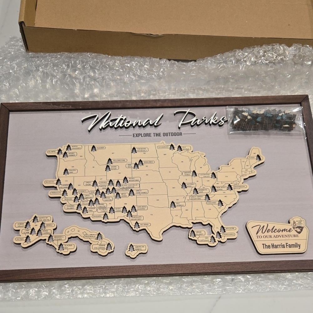 Wooden National Parks Map with Pins